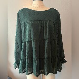 Pretty Garden Green Long Sleeve Tiered Baby doll Style Top Sz Medium